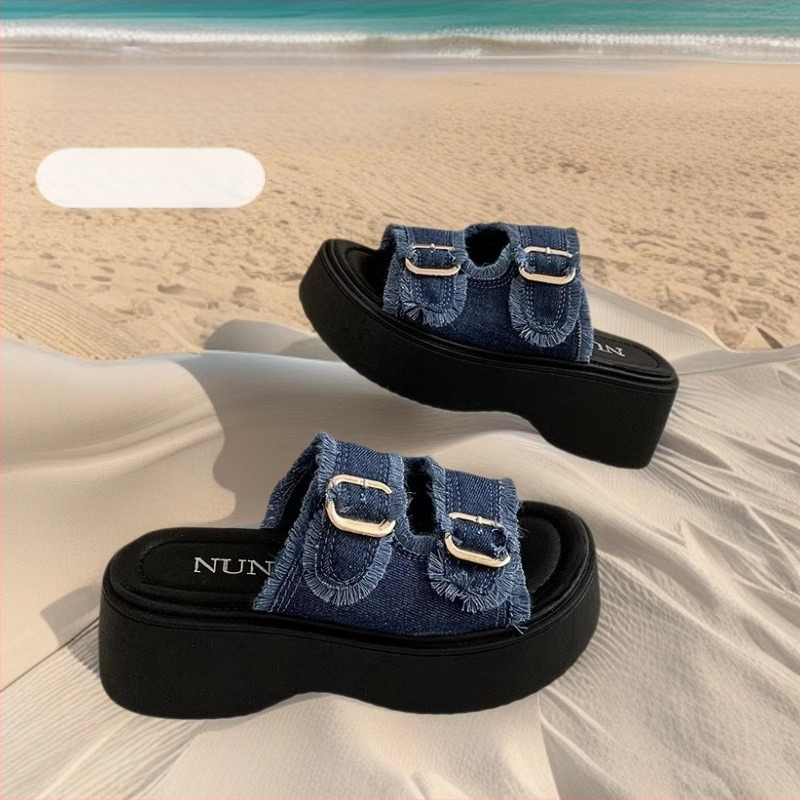 Džinsinių platforminių sandalų su vienu dirželiu ir sagtimi, apvali nosis, gumos padai