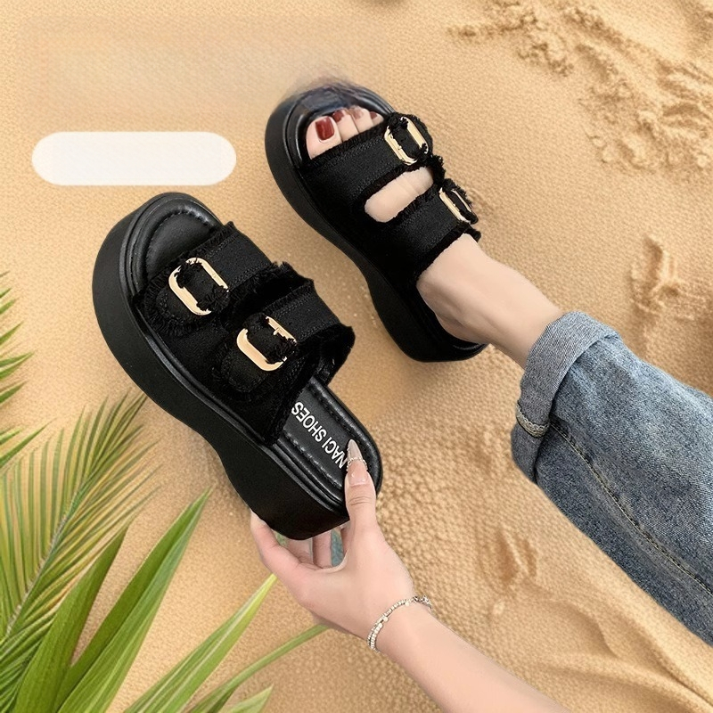 Džinsinių platforminių sandalų su vienu dirželiu ir sagtimi, apvali nosis, gumos padai