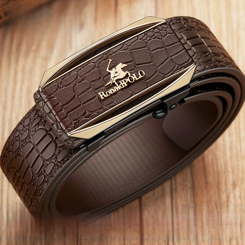 RonaldPOLO мъжки колан с крокодилски модел — естествена кожа, двуслойна кравешка кожа, автоматична катарама от сплав, тънък дизайн, електроплакиран завършек