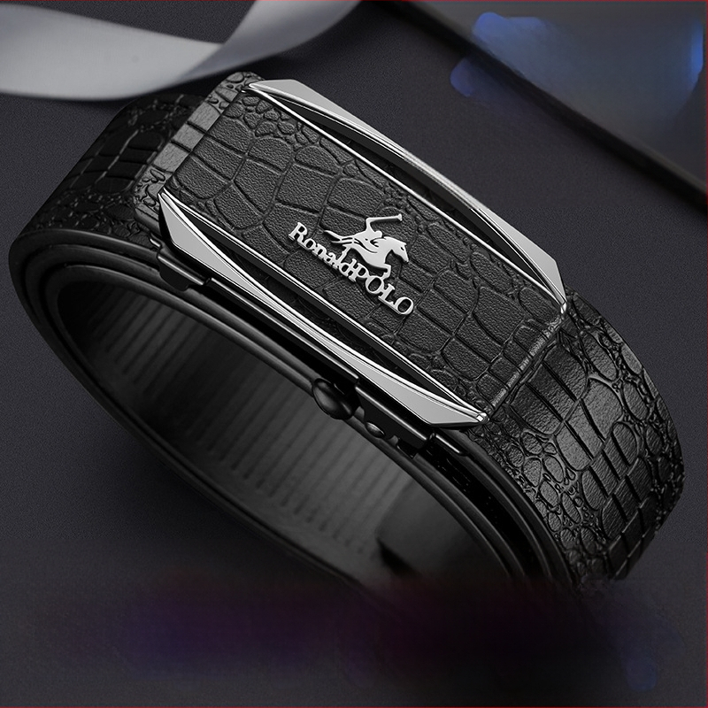 RonaldPOLO мъжки колан с крокодилски модел — естествена кожа, двуслойна кравешка кожа, автоматична катарама от сплав, тънък дизайн, електроплакиран завършек