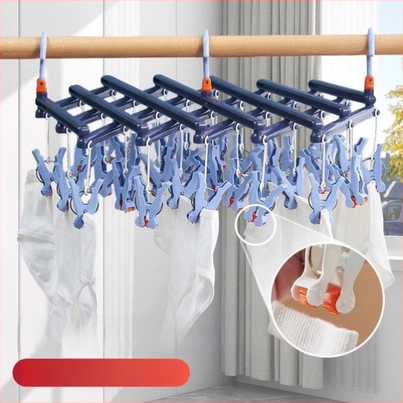 Žāvēšanas statīvs drēbēm ar 16 klipšiem, saliekams un teleskopisks, plastmasas konstrukcija, kvadrātveida moderns minimālisma stils