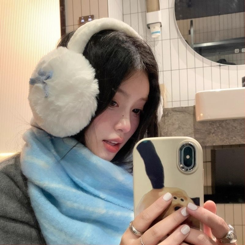 Pliušiniai ausų šildytuvai su kaspinėliu, korėjietiško stiliaus, unisex, žiemai, vienos spalvos raštas