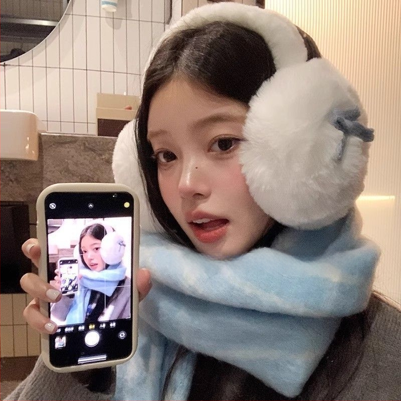 Pliušiniai ausų šildytuvai su kaspinėliu, korėjietiško stiliaus, unisex, žiemai, vienos spalvos raštas