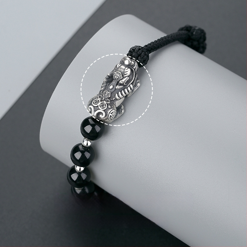 Ръчно плетена гривна от S999 стерлингово сребро, Pixiu и обсидиан за мъже, ретро китайски стил