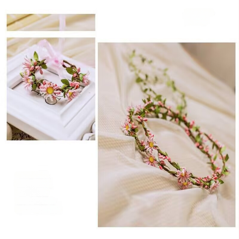 Korejski Mori vijenci za kosu s malim tratinčicama, dvostruki sloj od ratana, dodatak za fotosesije na obali