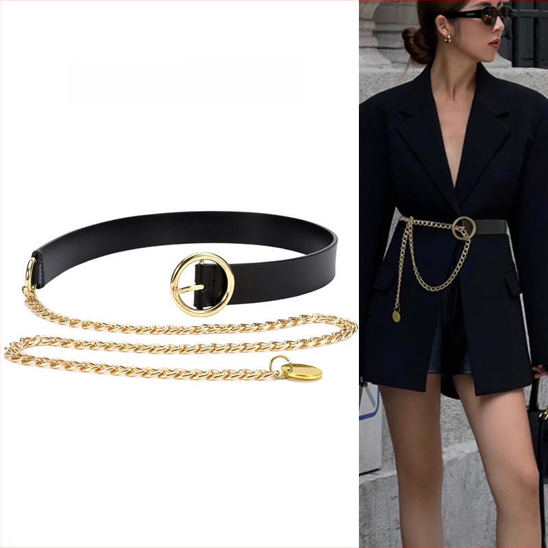 Lanț talie femei cu decor din lanț – piele naturală, două straturi de piele de vițel, lungime 105–120 cm, stil universal