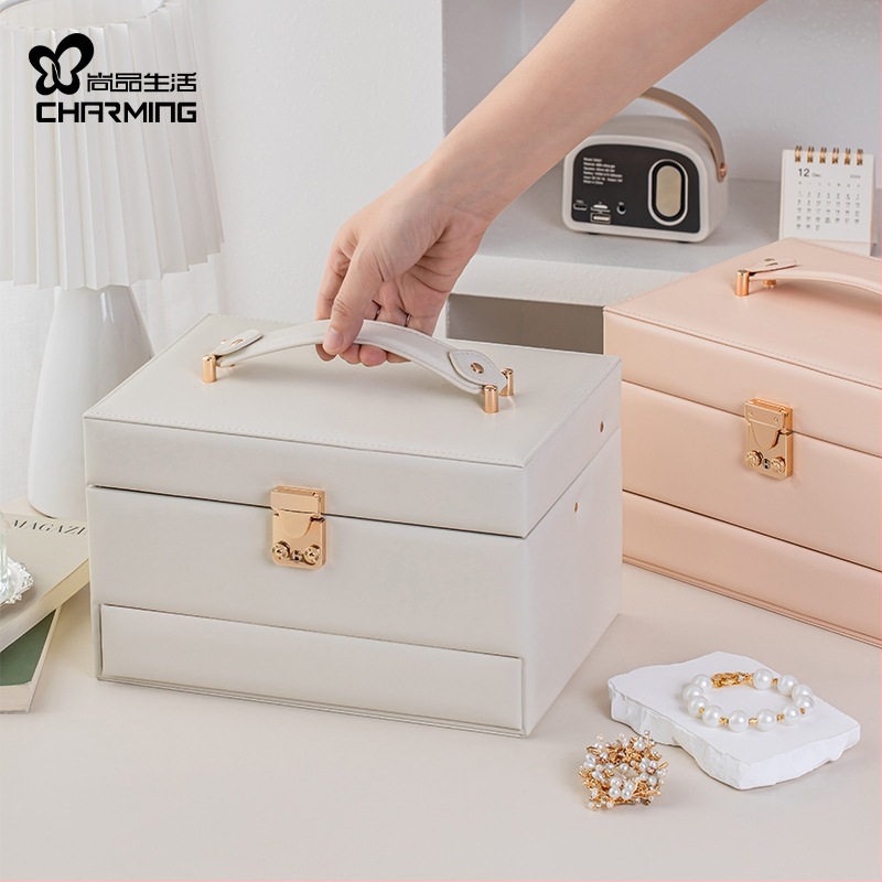 Ювелирна кутия Casegrace sp01348, кожа, твърда конструкция, едноцветен дизайн, голям капацитет, отделения за пръстени, обици и колие