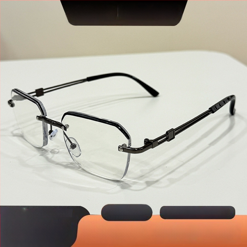 Skaitymo akiniai be rėmo, metalinis kvadratinis rėmas, PC lęšiai su mėlynos šviesos apsauga (Lęšiai: PC; Mėlynos šviesos apsauga; Konstrukcija: be rėmo; Rėmas: metalinis; Forma: kvadratinė)