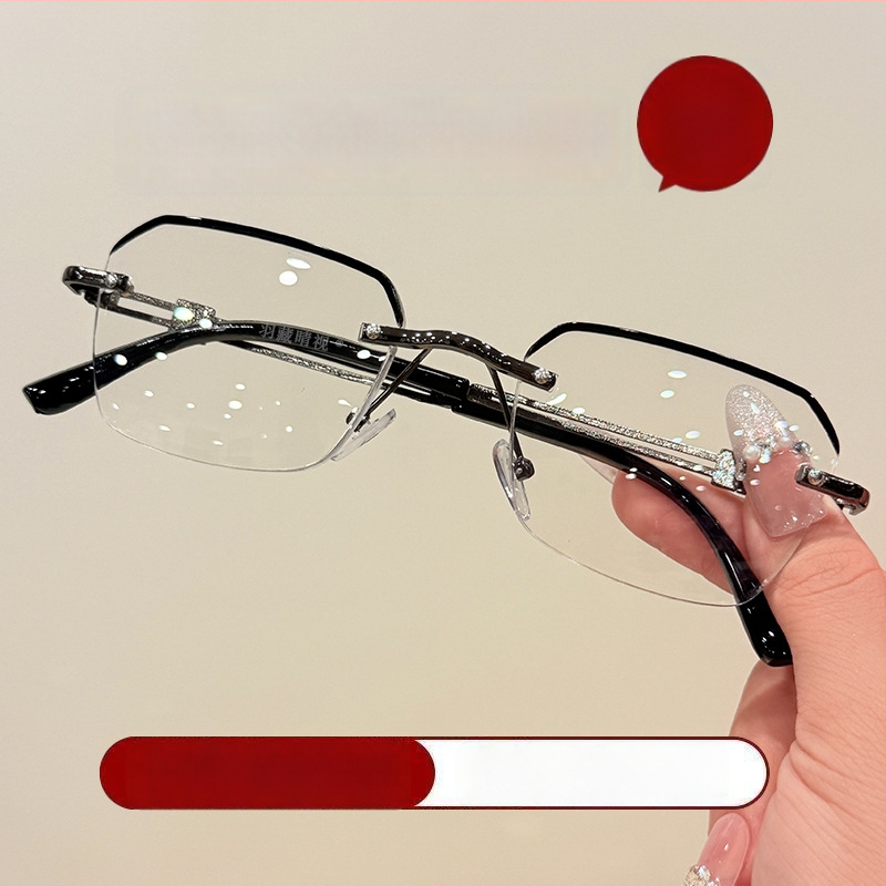 Skaitymo akiniai be rėmo, metalinis kvadratinis rėmas, PC lęšiai su mėlynos šviesos apsauga (Lęšiai: PC; Mėlynos šviesos apsauga; Konstrukcija: be rėmo; Rėmas: metalinis; Forma: kvadratinė)