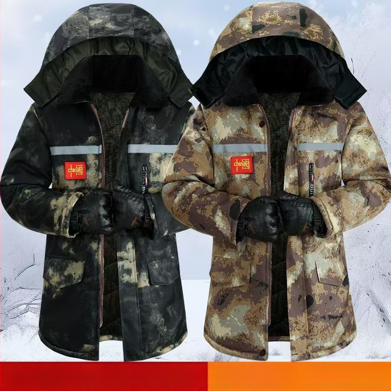 Jachetă căptușită din bumbac cu camuflaj, cu glugă, izolație groasă, fermoar, numeroase buzunare cu clapete, lungime medie, jachetă de iarnă