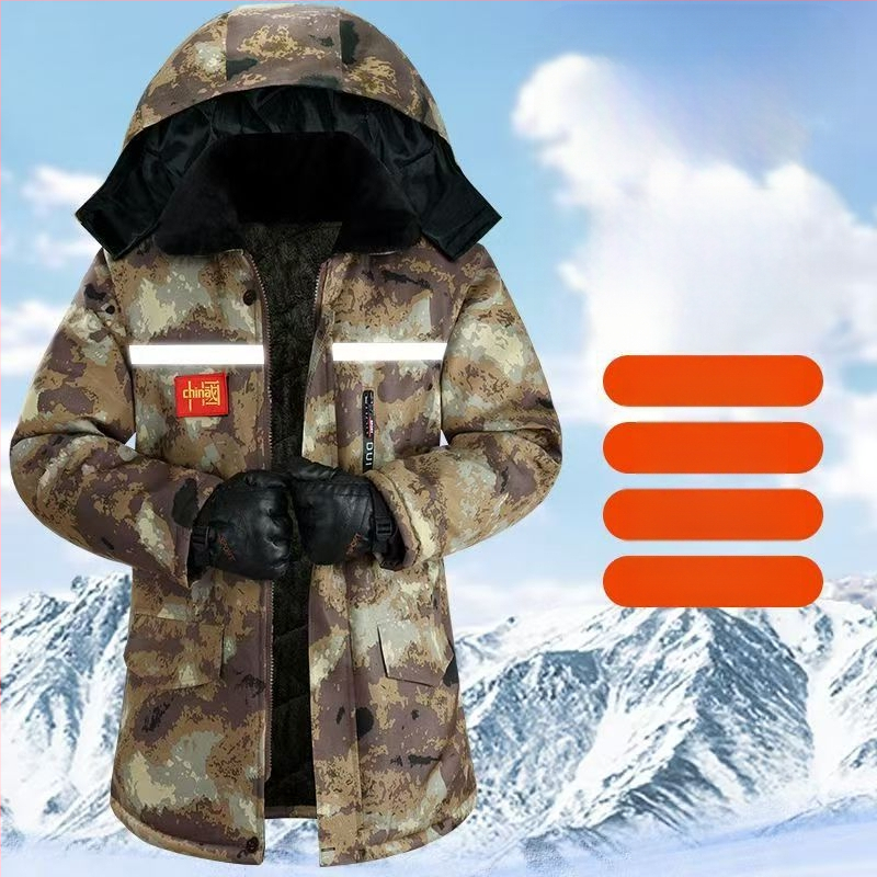 Jachetă căptușită din bumbac cu camuflaj, cu glugă, izolație groasă, fermoar, numeroase buzunare cu clapete, lungime medie, jachetă de iarnă