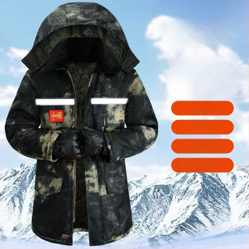 Jachetă căptușită din bumbac cu camuflaj, cu glugă, izolație groasă, fermoar, numeroase buzunare cu clapete, lungime medie, jachetă de iarnă