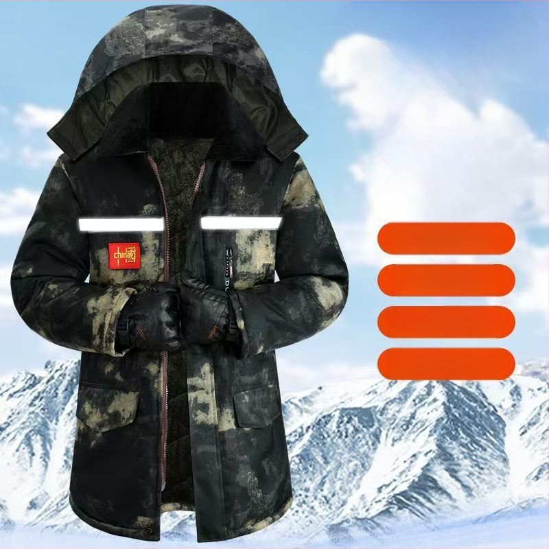 Jachetă căptușită din bumbac cu camuflaj, cu glugă, izolație groasă, fermoar, numeroase buzunare cu clapete, lungime medie, jachetă de iarnă