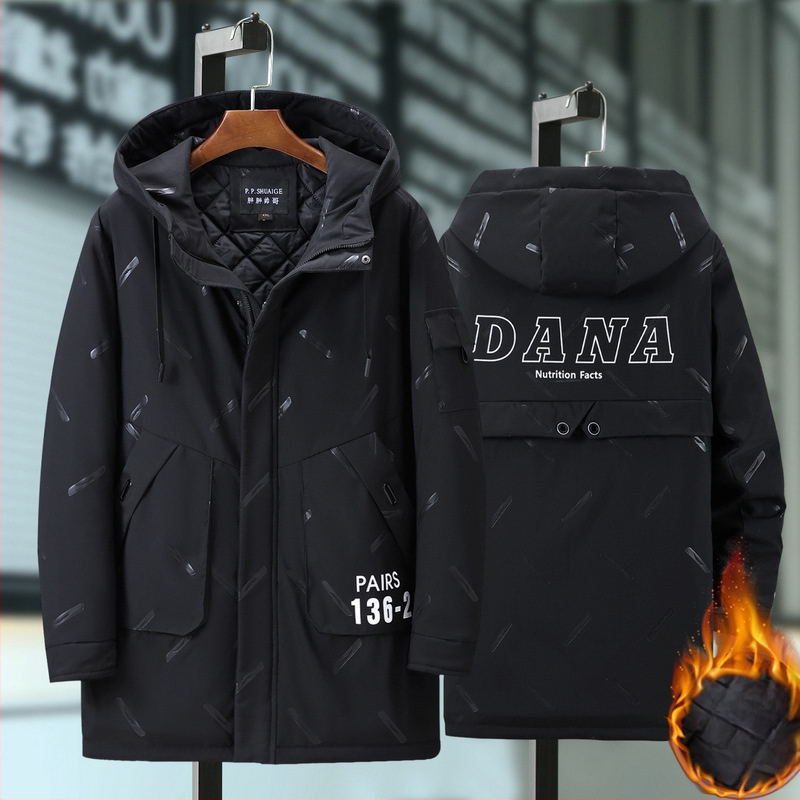 Palton bărbătesc cu glugă pentru iarnă, croială lejeră, fermoar frontal, umplutură din poliester, buzunare multiple