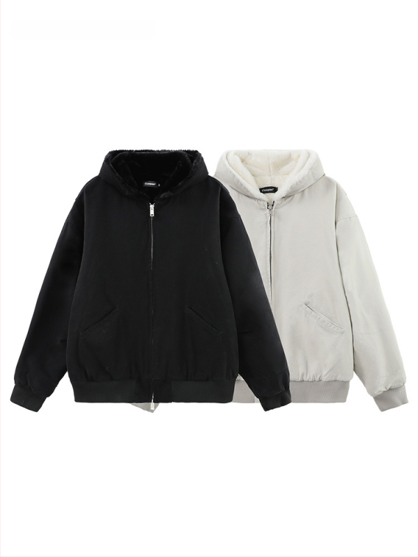 Geacă bărbătească din bumbac cu căptușeală fleece, cu glugă, croială largă, fermoar, iarnă