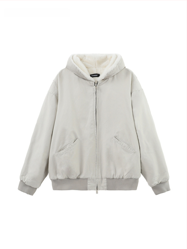 Geacă bărbătească din bumbac cu căptușeală fleece, cu glugă, croială largă, fermoar, iarnă