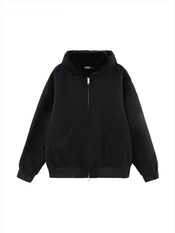 Geacă bărbătească din bumbac cu căptușeală fleece, cu glugă, croială largă, fermoar, iarnă