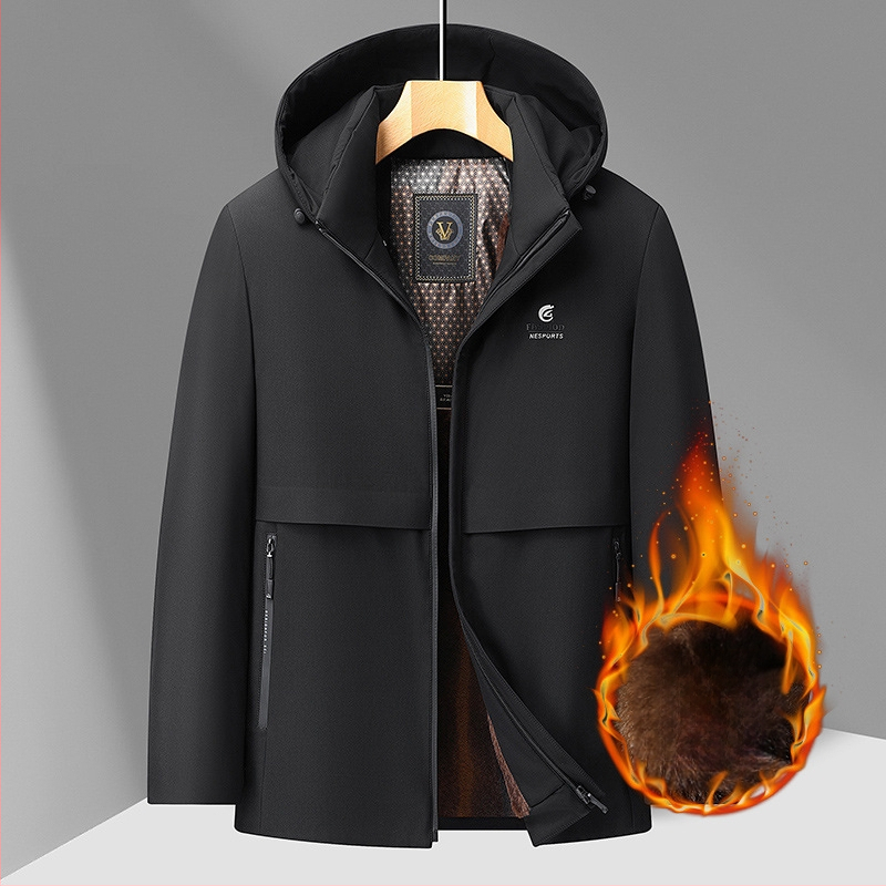 Palton bărbătesc cu glugă, călduros, cu umplutură poliester, lungime medie, guler înalt, fermoar, buzunare laterale