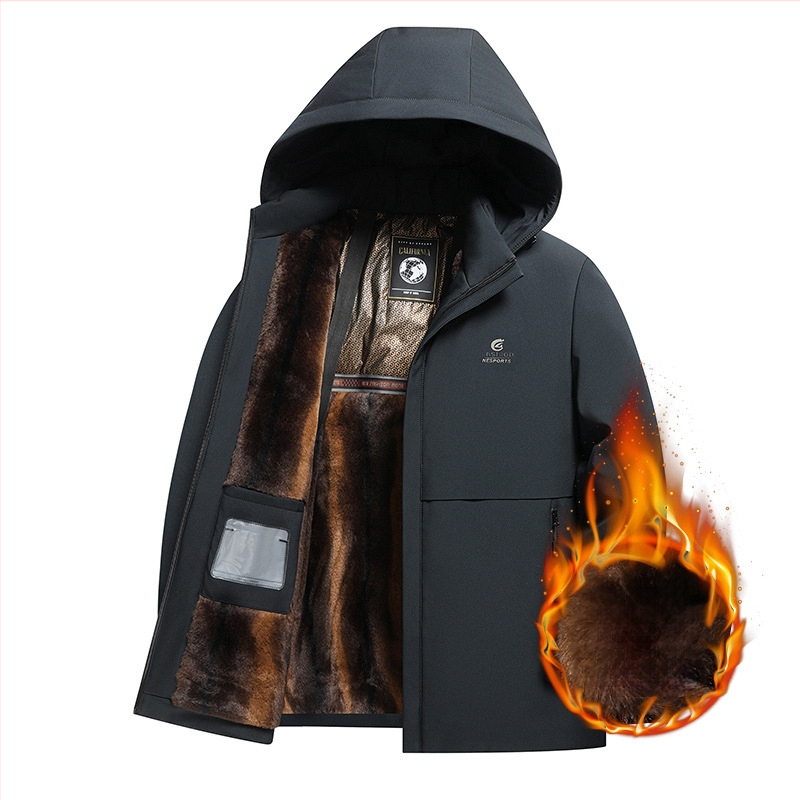 Palton bărbătesc cu glugă, călduros, cu umplutură poliester, lungime medie, guler înalt, fermoar, buzunare laterale
