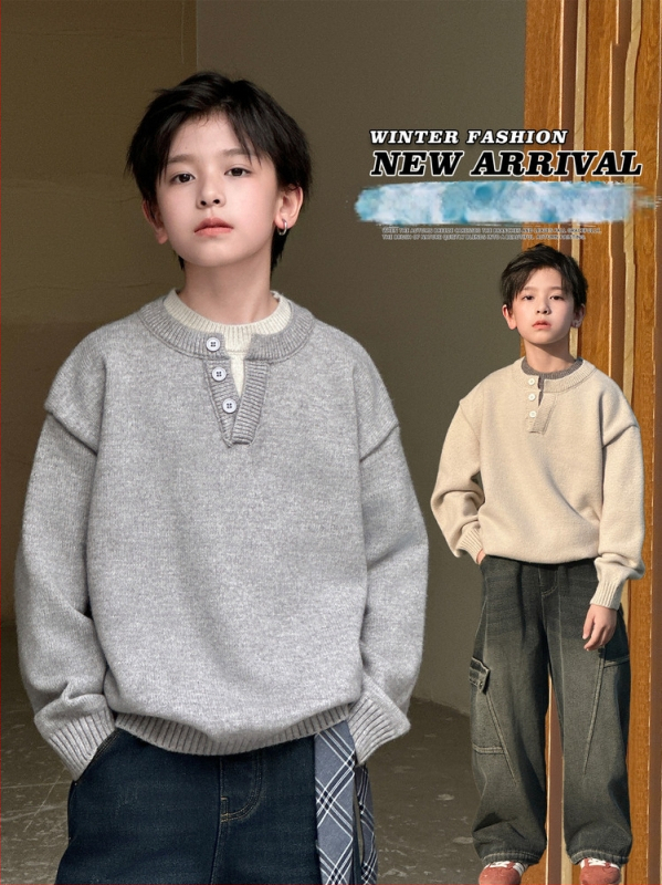 Pulover tricotat pentru copii, stil coreean, guler dublu stand-up cu nasturi, guler rotund, mâneci lungi, iarnă 2025
