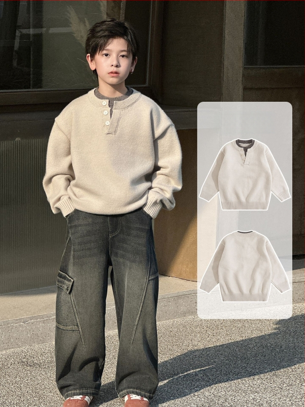 Pulover tricotat pentru copii, stil coreean, guler dublu stand-up cu nasturi, guler rotund, mâneci lungi, iarnă 2025