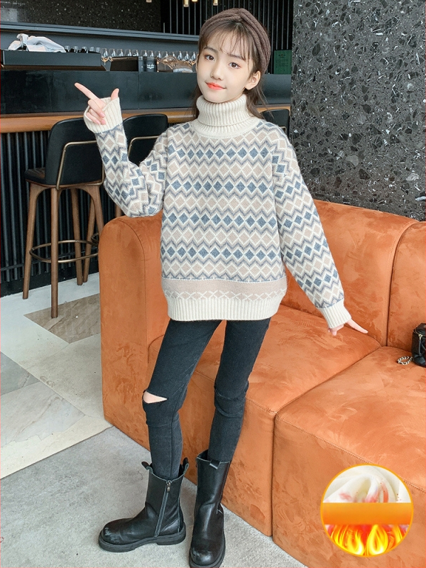 Pulover pentru fete în stil coreean, tricot dens, guler înalt, 95% poliester, mâneci lungi