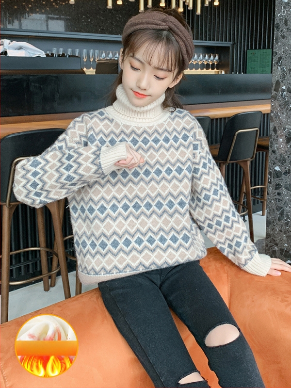 Pulover pentru fete în stil coreean, tricot dens, guler înalt, 95% poliester, mâneci lungi