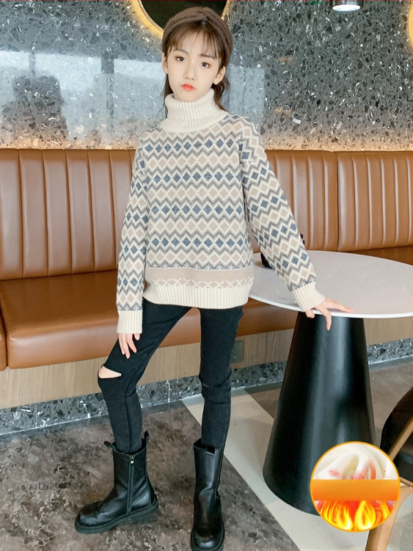 Pulover pentru fete în stil coreean, tricot dens, guler înalt, 95% poliester, mâneci lungi