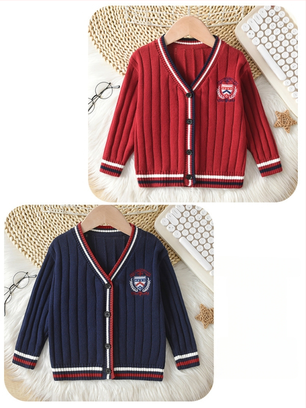 Cardigan tricotat pentru copii, dungat, din bumbac 100%, decolteu în V, mâneci lungi, închidere cu un nasture, stil academic, pentru copii 3–8 ani, toamnă–iarnă