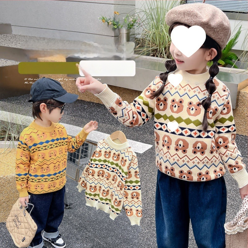 Pulover tricotat pentru copii – grosime iarnă, model jacquard, țesătură din păr de iepure, guler rotund, mâneci lungi