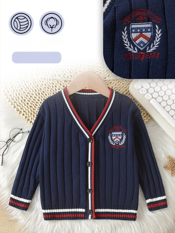 Cardigan copii tricotat în dungi, stil academie, guler în V, mâneci lungi, închidere cu nasturi pe un singur rând, 100% bumbac, toamnă-iarnă