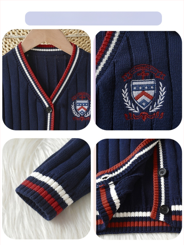 Cardigan copii tricotat în dungi, stil academie, guler în V, mâneci lungi, închidere cu nasturi pe un singur rând, 100% bumbac, toamnă-iarnă