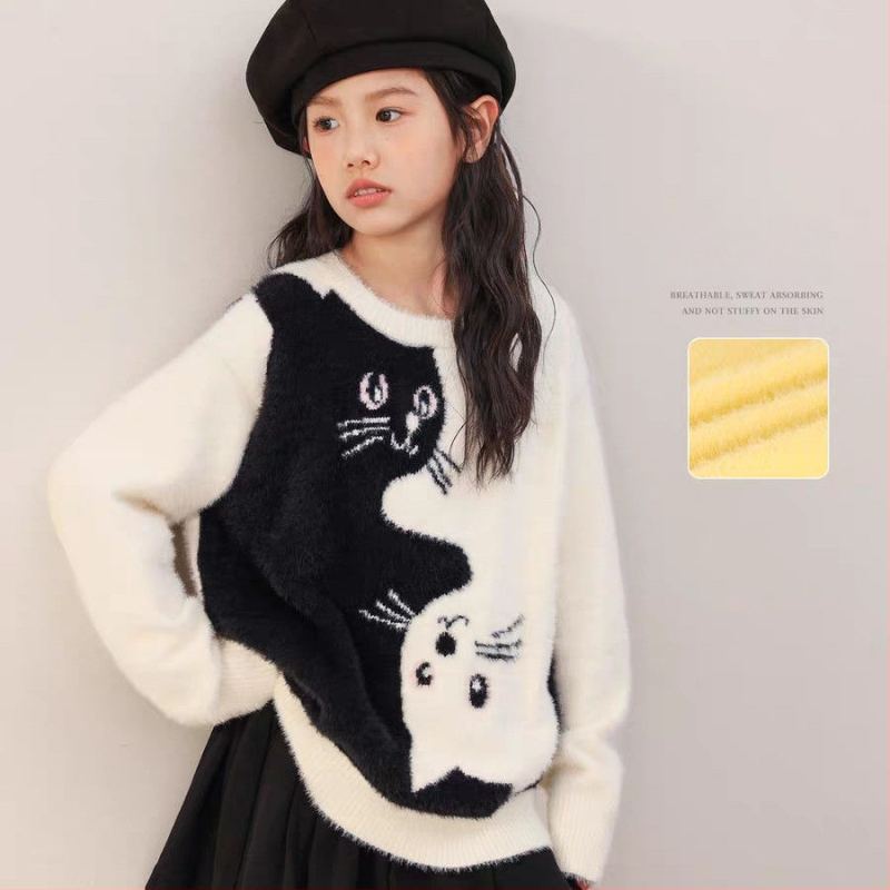 Pulover tricotat pentru fete cu blană de iepure, glugă, gros pentru iarnă, mâneci lungi, guler rotund