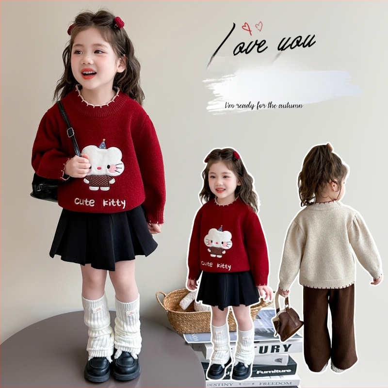 Pulover pentru fete, stil coreean, imprimeu desen animat, mânecă lungă, tricot din acrilic 75%