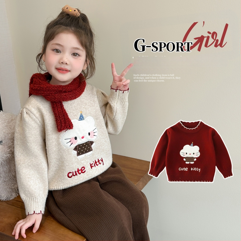 Pulover pentru fete, stil coreean, imprimeu desen animat, mânecă lungă, tricot din acrilic 75%