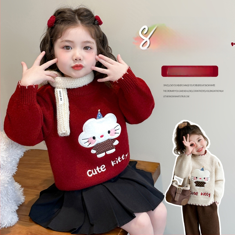 Pulover pentru fete, stil coreean, imprimeu desen animat, mânecă lungă, tricot din acrilic 75%
