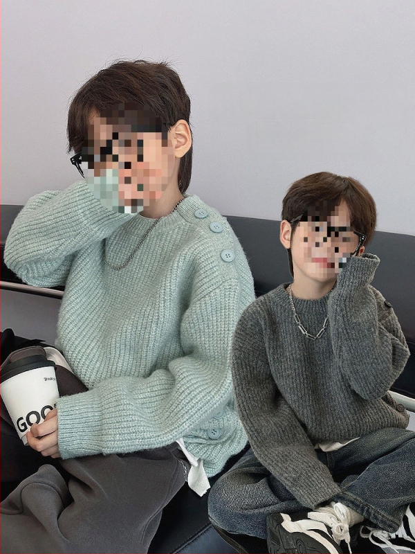 Pulover tricotat gros pentru băieți, guler rotund, din blană de iepure — iarnă, mâneci lungi