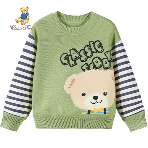 Dječji pleteni pulover s crtanim motivom i patchwork prugama, pamuk mješavina 57% pamuka, jesen–zima