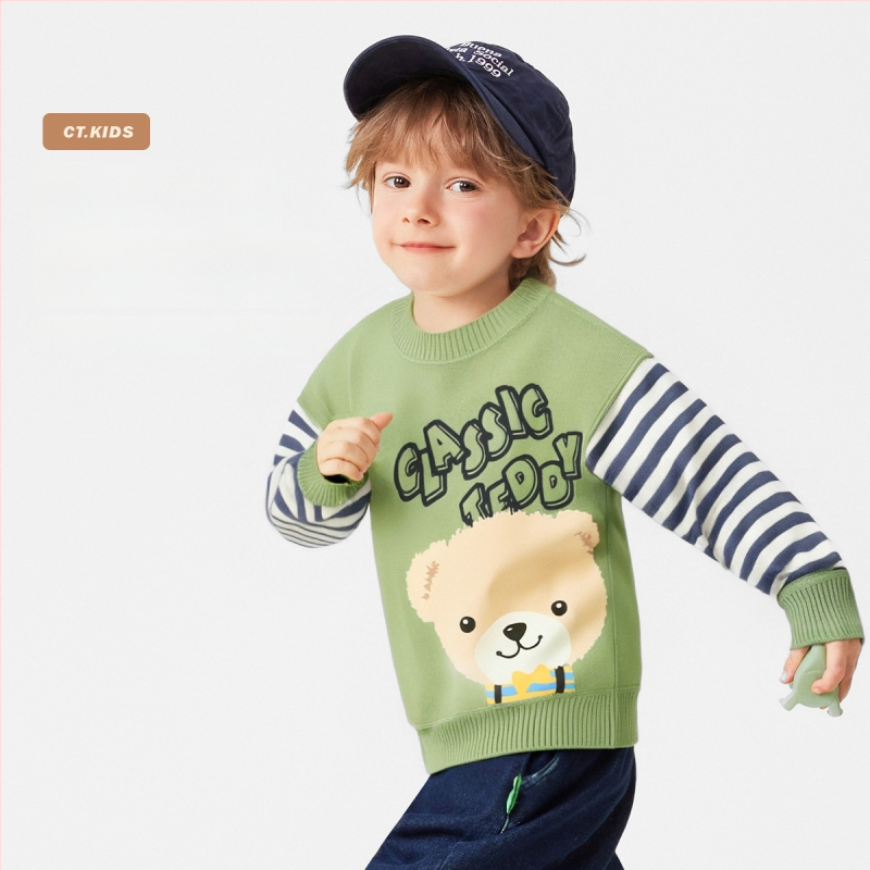 Dječji pleteni pulover s crtanim motivom i patchwork prugama, pamuk mješavina 57% pamuka, jesen–zima