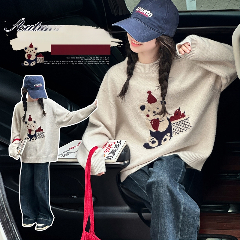 Pulover tricotat pentru fete, stil coreean, toamnă–iarnă, mâneci lungi, amestec lână-poliester 50%, pentru copii peste 8 ani