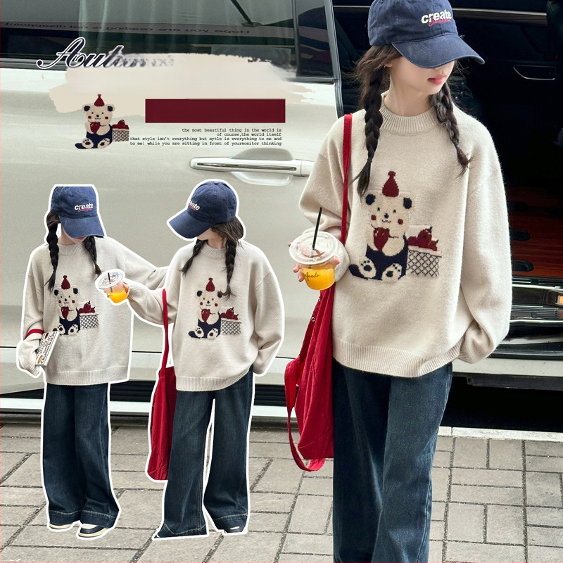 Pulover tricotat pentru fete, stil coreean, toamnă–iarnă, mâneci lungi, amestec lână-poliester 50%, pentru copii peste 8 ani