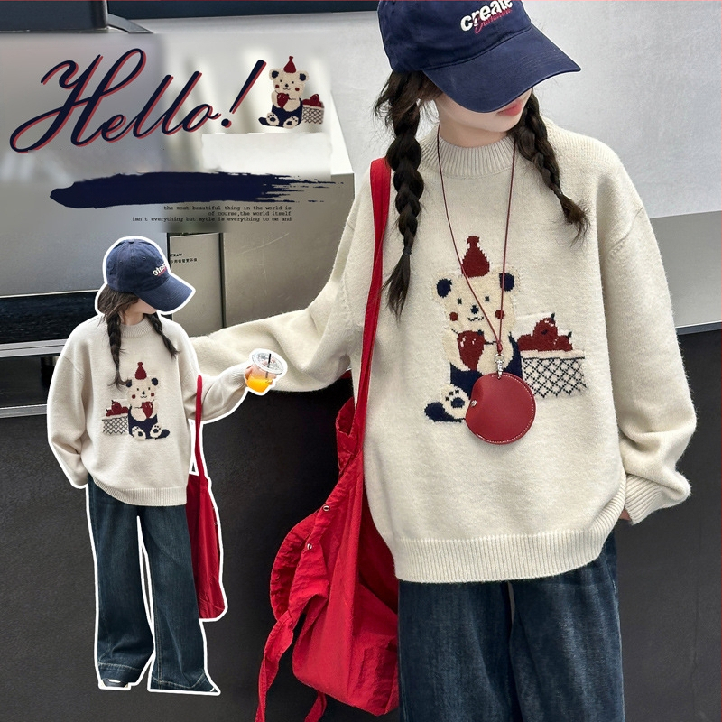 Pulover tricotat pentru fete, stil coreean, toamnă–iarnă, mâneci lungi, amestec lână-poliester 50%, pentru copii peste 8 ani