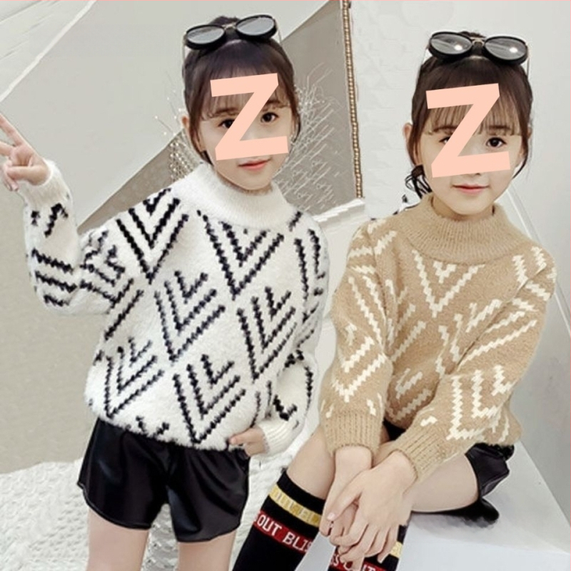 Pulover tricotat gros pentru copii – mâneci lungi, guler semi-turtleneck, țesătură din amestec poliester; modele: dungi, carouri, uni, desen animat