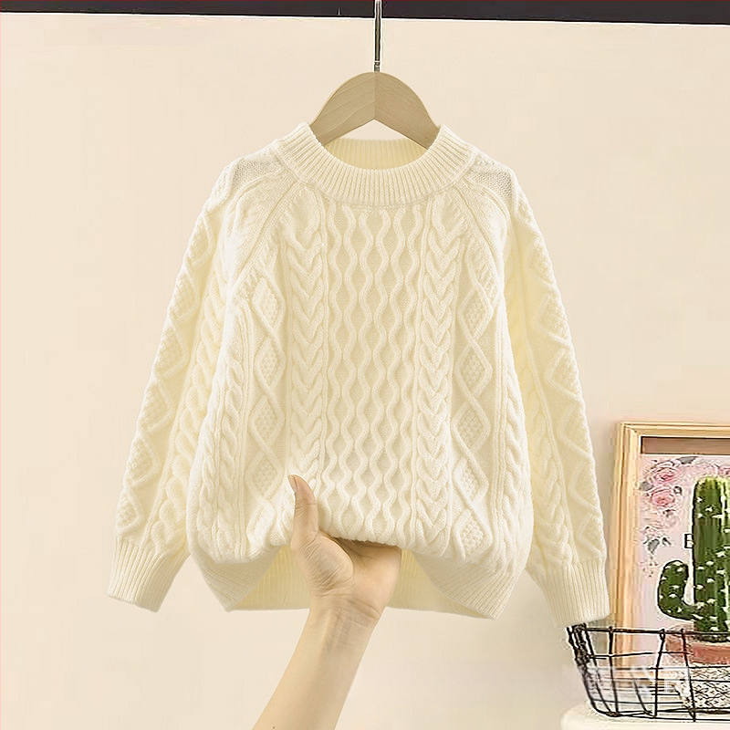 Dječji pleteni pulover, korejskog stila, debeli pleteni materijal, dugi rukav, okrugli ovratnik, 50% pamuk