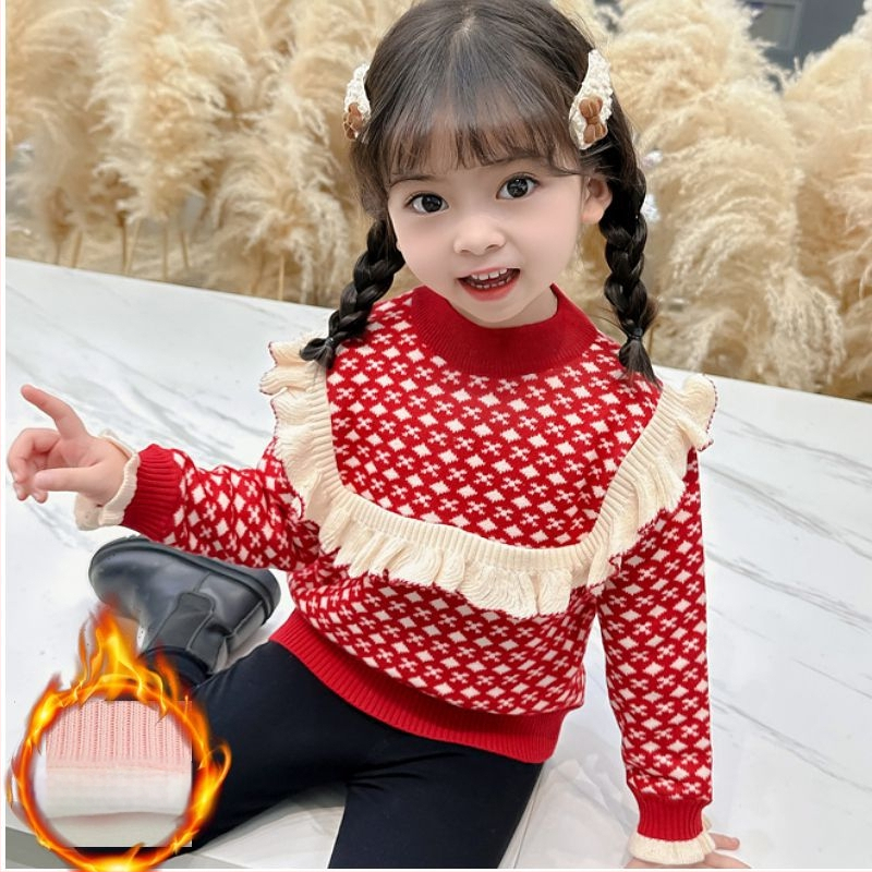 Pulover tricotat pentru fetițe, căptușit cu fleece, cu dantelă pe piept, din lână de iepure, mâneci lungi, guler rotund, pentru nou-născuți (0–1 ani)