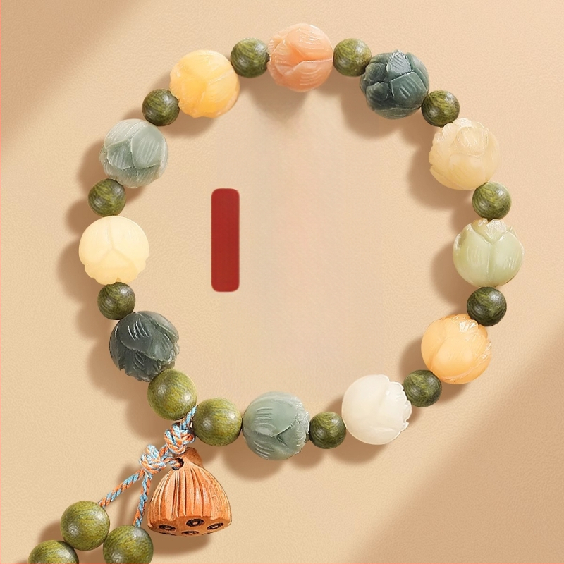 Badu drveni narukvica - Ručno izrađena, za žene, kineski stil, rombo dizajn, motiv lotosa Bodhi korijena i Boga bogatstva