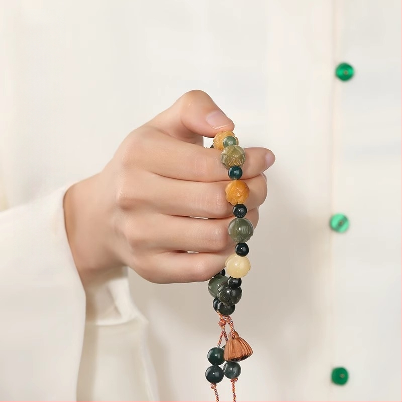 Badu drveni narukvica - Ručno izrađena, za žene, kineski stil, rombo dizajn, motiv lotosa Bodhi korijena i Boga bogatstva