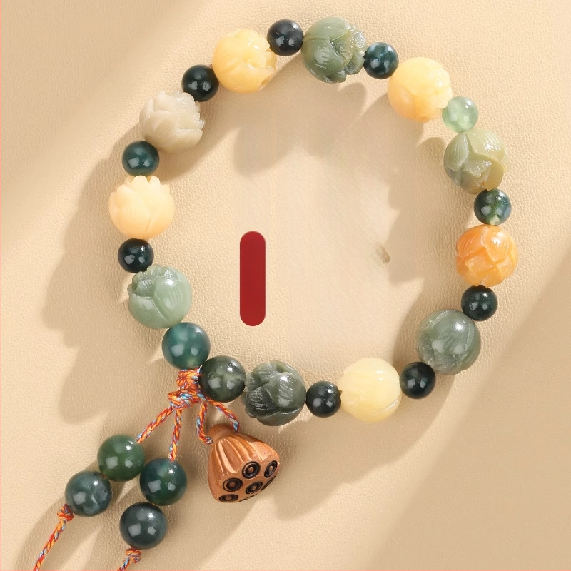 Badu drveni narukvica - Ručno izrađena, za žene, kineski stil, rombo dizajn, motiv lotosa Bodhi korijena i Boga bogatstva