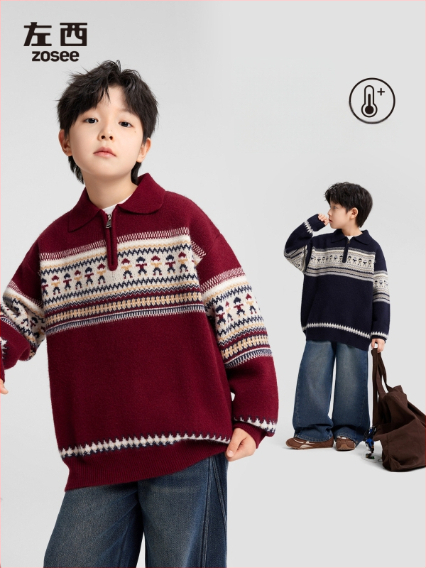 Pulover copii Fair Isle polo, cu dungi, mâneci lungi, acrilic 58%, iarnă 2025