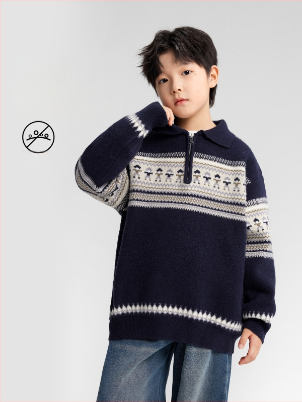 Pulover copii Fair Isle polo, cu dungi, mâneci lungi, acrilic 58%, iarnă 2025